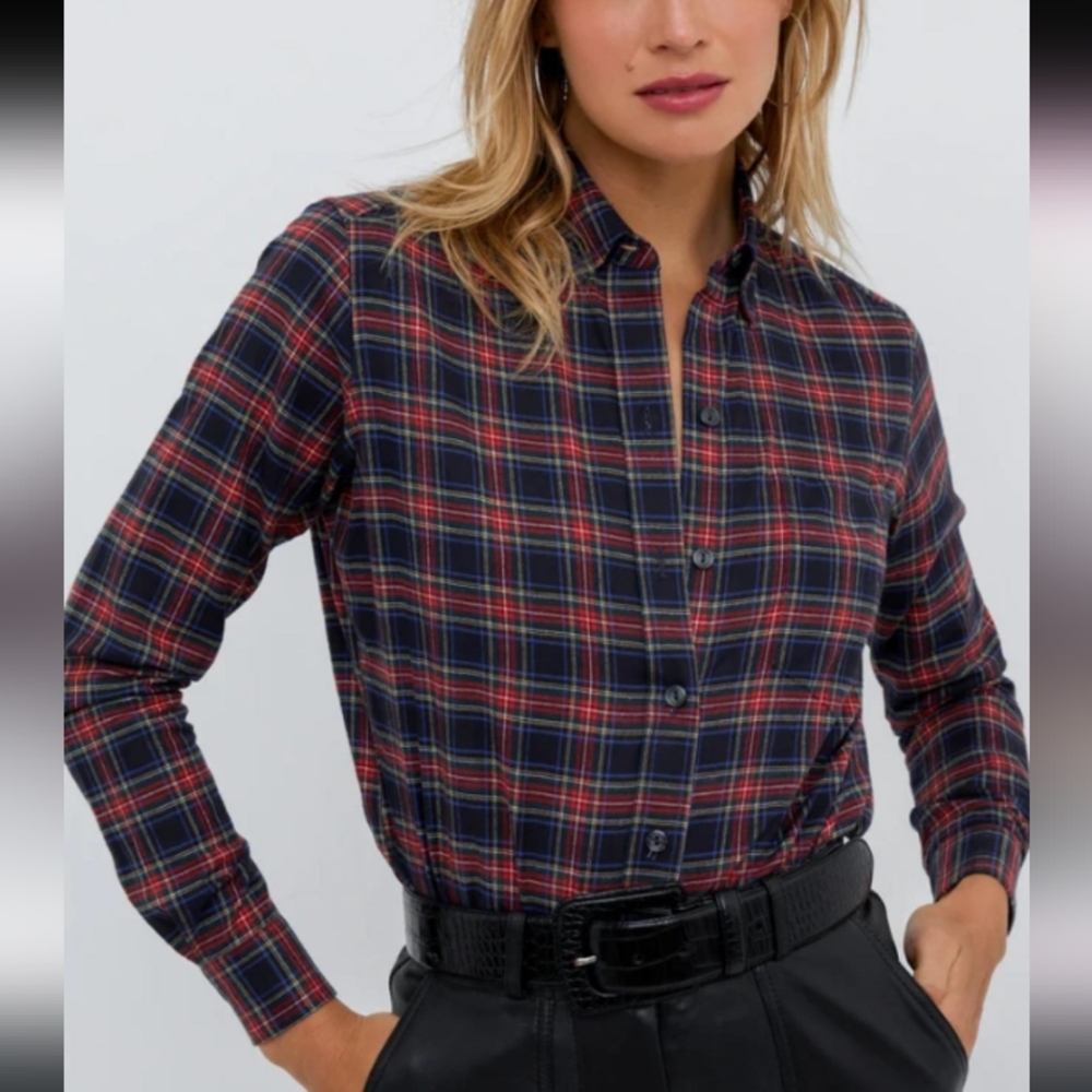 Sarah Alexandra-Weekender Button-Down Shirt (Plaid Navy-Red💙♥️)-2 US Women's